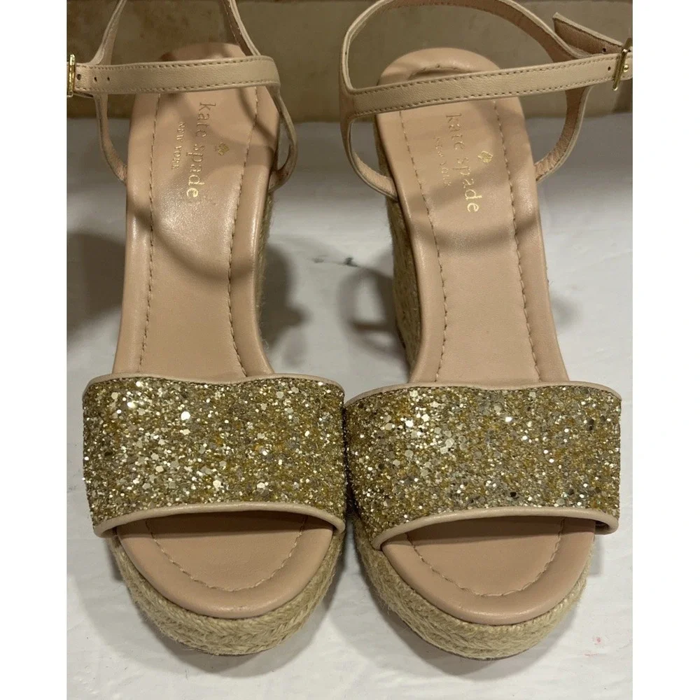 Kate Spade New York Women's Jaden Gold Glitter Espadrille Wedge Sandals Size 7.5